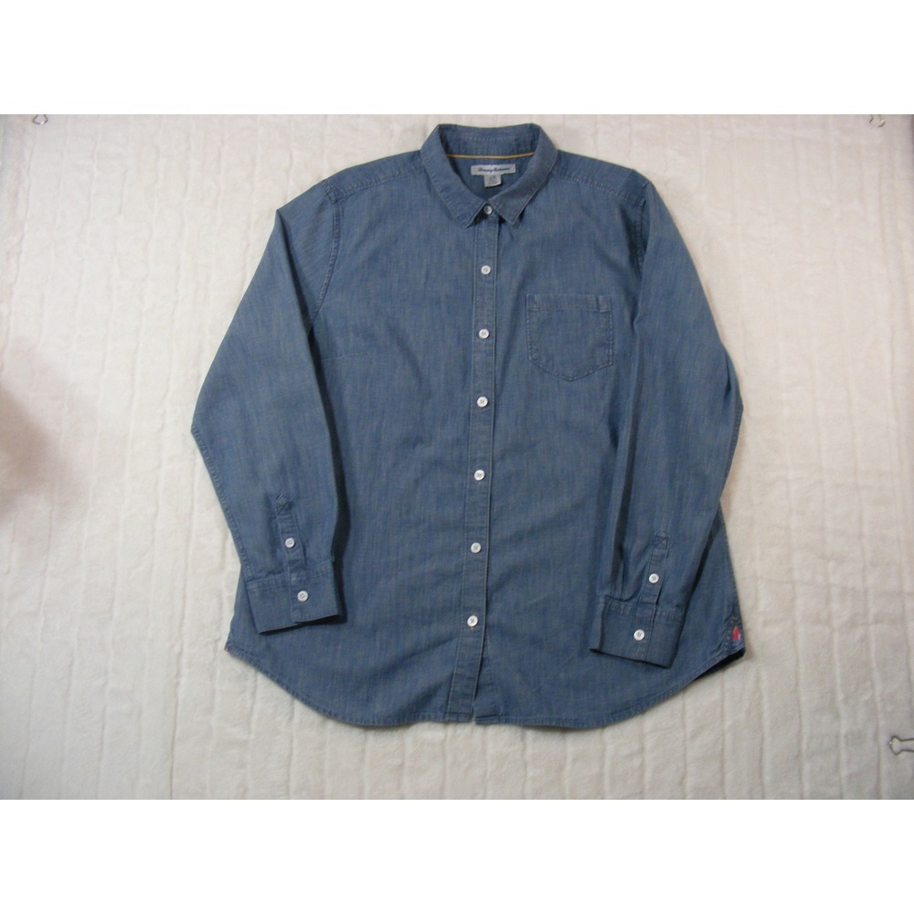 Tommy Bahama Button Down Shirt Womens L Blue Excellent Cotton Linen Floral Back